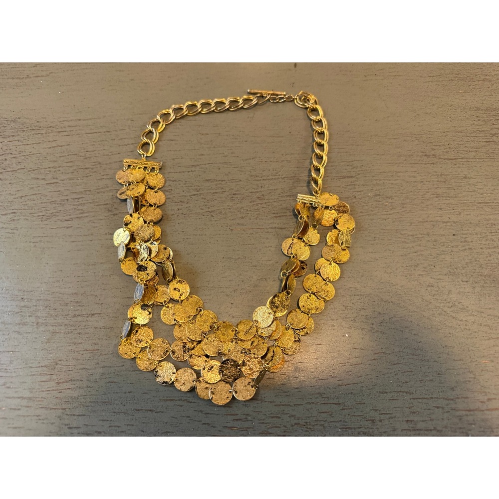 Gold Tone Hammered Coin Bib Necklace Multi Strand Toggle Clasp Statement Boho